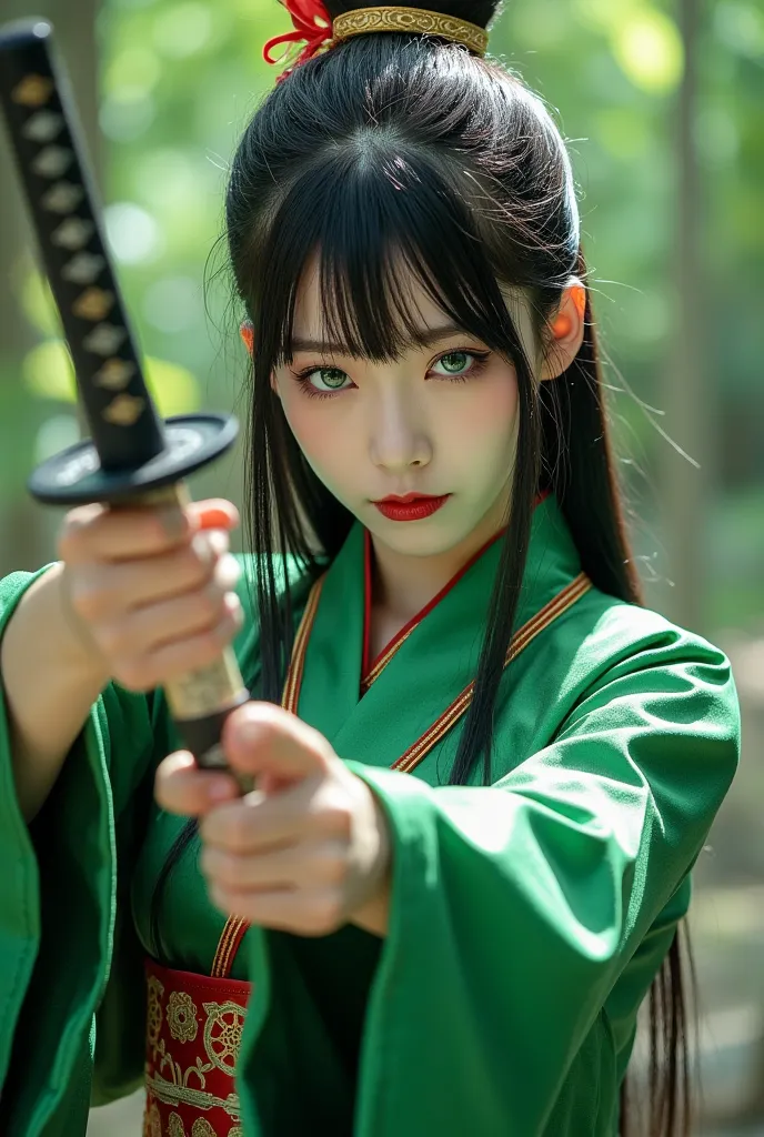 young woman,  long black hair , straight bangs downwards,  pale skin ,  green eyes , serious face, green japanese kimono,  beaut...