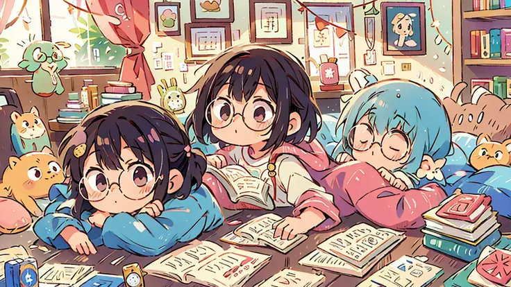 Chibi,  girl,  comfortable clothes 、Glasses、indoor, her bed is full of books,  Chini Characters Surrounded by Books , Covered by a 、Rain Outside the Window 、wall paper,  Colorful and Pop Illustrations