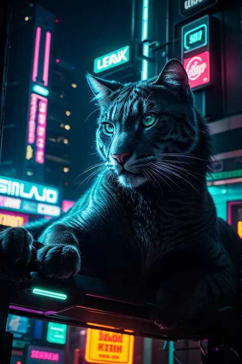 a close-up picture of a big cat in the futuristic cyberpunk neon tron world, cyberpunk city landscape, detailed intricate archit...