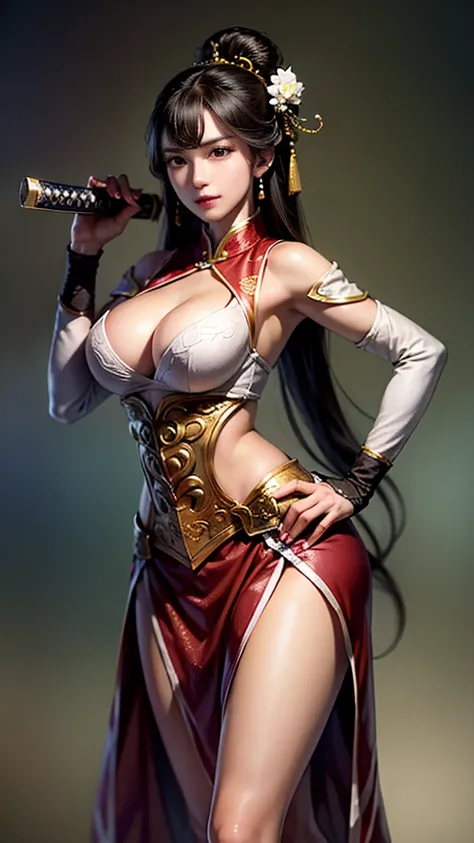 Close up of a woman in red armor holding a sword,beautiful empress ,Chinese Warrior, beautiful rendering of the Tang Dynasty, Beautiful Fantasy Empress ,masterpiece,Ancient Chinese Goddess,1 person,Large Breasts, Highly Detailed Face and Skin Textures,  an...