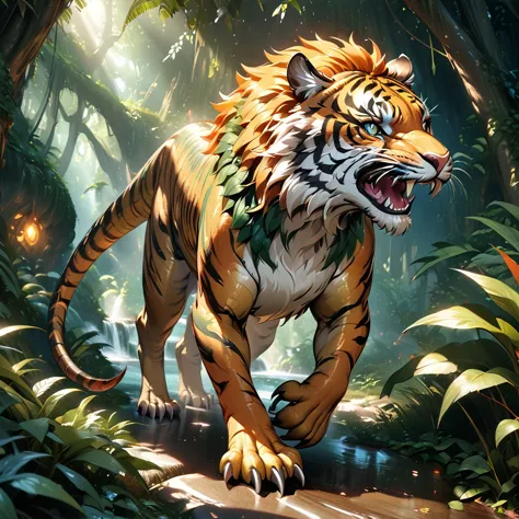 Crystal tiger striped spinosarous, 1 tiger striped dinosaur, mythological creature, fantasy art, detailed scales,very sharp teeth, claws, spikes, vibrant colors, orange glowing eyes, dynamic pose, natural environment, lush foliage, sunlight, photorealistic...