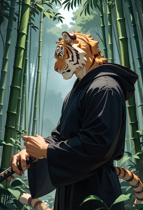 tiger、 black robe 、 black pupils 、sideways、black sky、bamboo forest、rain、calm expression、 eyes are looking at the camera 、holding...