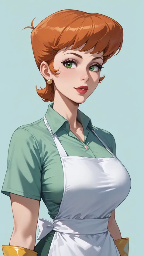 score_9, score_8_up, score_7_up, BREAK, 1girl, solo, breasts, dextersmom, makeup, jewelry, gloves, shirt, apron, upper body, portrait, mature female, simple background,
