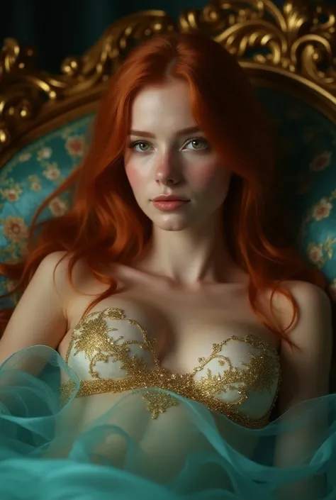 In realistic fantasy style , Create an entire image lying in a luxurious room a beautiful young red-haired model of extraordinary beauty with innocent and sweet features 18 years perfect sweet European features perfect passive golden eyes very freckled she...