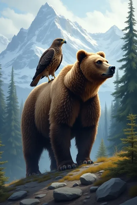 bear and  falcon in one picture 