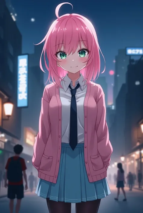  medium hair , pink hair,Green Eyes,Neutral,cute,Crossdresser,Ladies Men, pink cardigan, light blue skirt,school shirt under cardigan,Black tie, black tights,A mischievous smile, anime style,Beautiful Boy,Crossdresser,Night City,Tall,masterpiece,Best Quali...