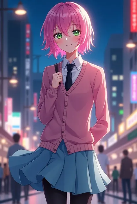  medium hair , pink hair,Green Eyes,Neutral,Cute Boy,Crossdresser,Ladies Men, pink cardigan, light blue skirt,school shirt under cardigan,Black tie, black tights,A mischievous smile, anime style,Beautiful Boy,She has a ,Crossdresser,Night City,Tall,masterp...