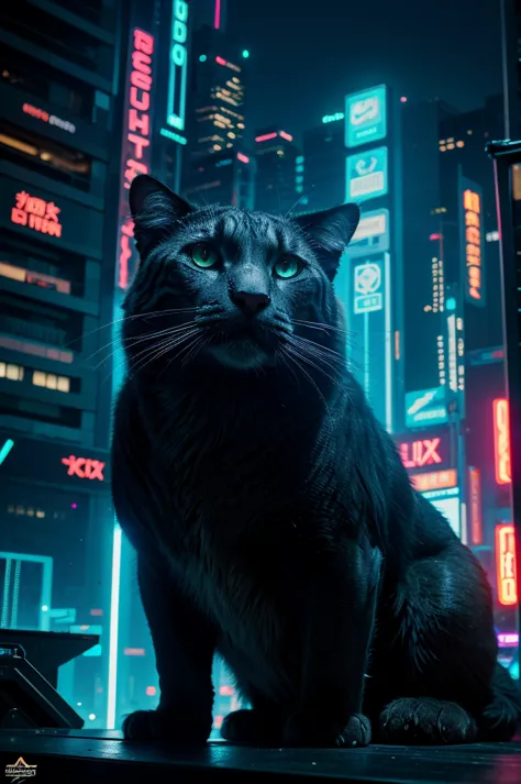 a close-up picture of a big cat in the futuristic cyberpunk neon tron world, cyberpunk city landscape, detailed intricate archit...