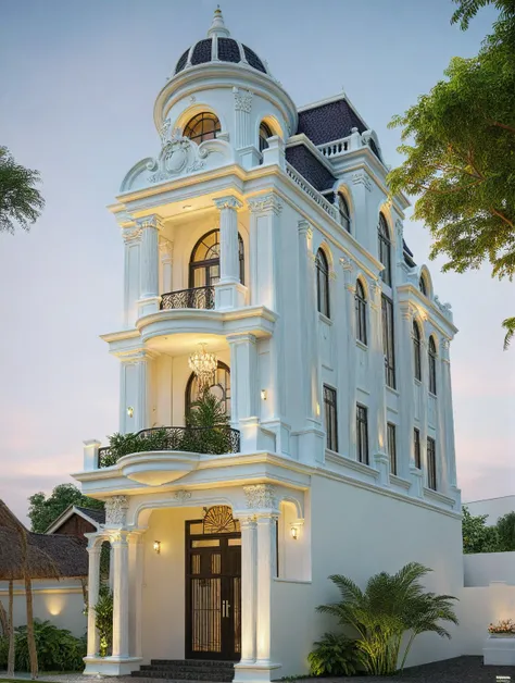 neo classical villa on street, (daylight), tropical tree, vivid colour, streetcapes, white tone, black detail, white wall, large...