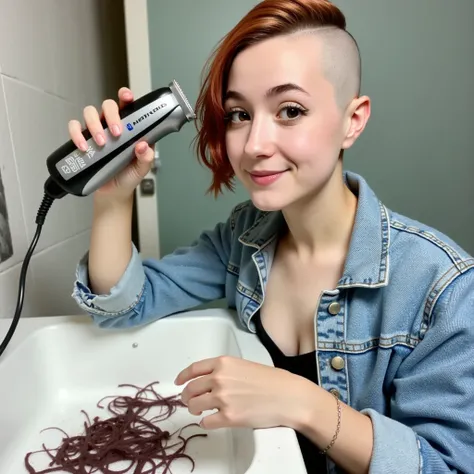 Real photograph of a (((curvy beautiful young mostly bald women)). (((she is using "Wahl" hair clippers which are currently (shaving her short ginger hair bald), (((she is intensely looking at the the viewer excited and smiling))). (((Her head is mostly sh...