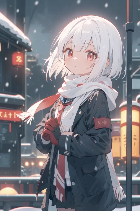 standing on a train station platform on a snowy day, 1 girl,wearing light,night,sailor suit,red tie,wear a duffle coat on top ,f...