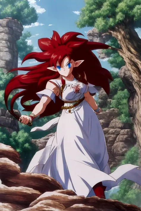 Long-haired red-haired elf , blue eyes, 1, 60,  white dress with brown leather plates, carrying giant sword 