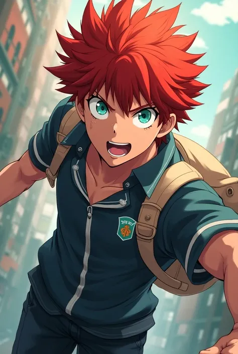  He is a  old teenager , has red hair, slightly disheveled, turquoise eyes something ,  He is dressed in U.A. High School Uniform, anime effect MHA , bright colors, full body