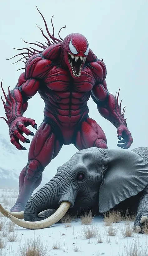 **Image Prompt:**

A powerful red Carnage symbiote stands triumphantly in a snowy grassland, its body marked with fierce battle scars. In front of it lies a massive, lifeless elephant, its great form sprawled in the snow, with eyes closed and tusks partial...