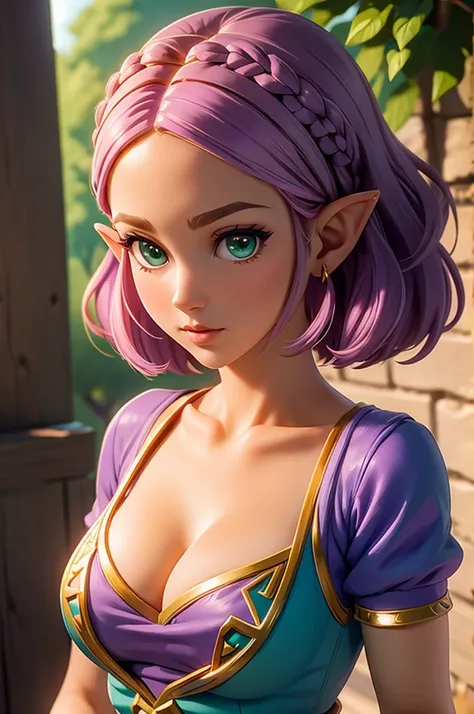 30 year old princess zelda having green eyes with short curly purple hair and wearing an orange outfit, cleavage, small breast, short sleeve, big lips, 