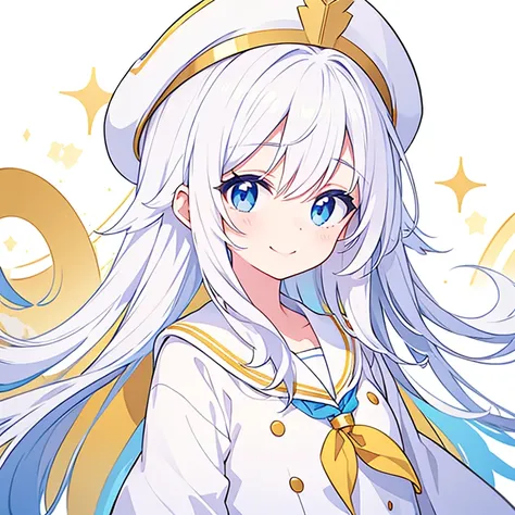  Pure white background 、smiling face 、  white hat with gold decoration、Long white hair、Sailor&#39;   white uniform  