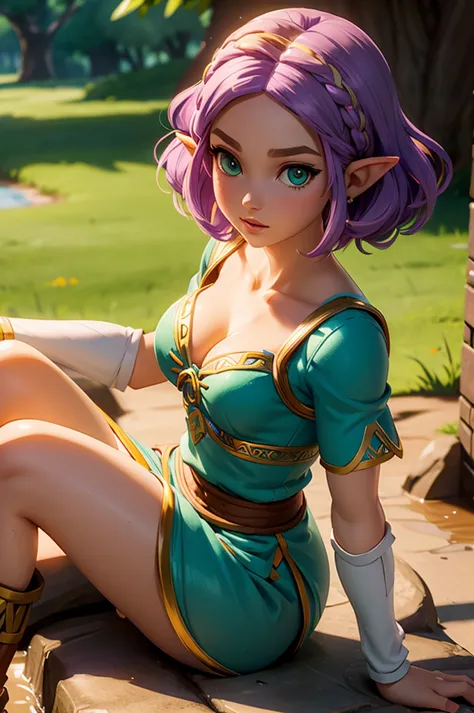 30 year old princess zelda having green eyes with short curly purple hair, cleavage, small breast, short sleeve, big lips, (oran...