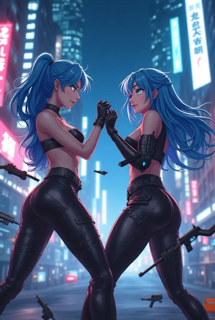 2 Sivernetic Girls  , EROTICA , provocative,  dangerous , deadly sword  ,  Sivernetic battle costume ,  scenario city of the future ,  in ANIME HENTAI ,  bright blue hair,   long hair  ,  Sivernetic ears  , bright blue eyes , weapons on the ground 