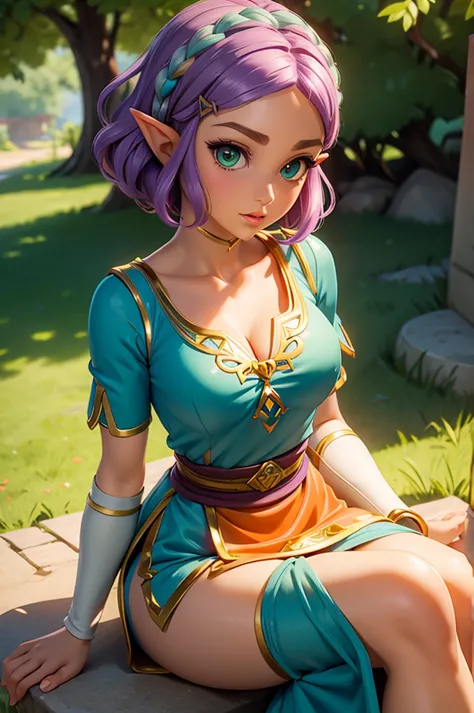 30 year old princess zelda having green eyes with short curly purple hair, cleavage, small breast, short sleeve, big lips, (oran...