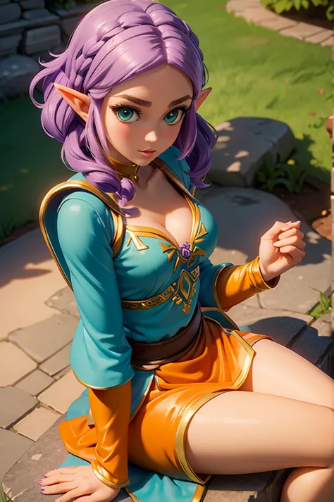 30 year old princess zelda having green eyes with short curly purple hair, cleavage, small breast, short sleeve, big lips, (oran...