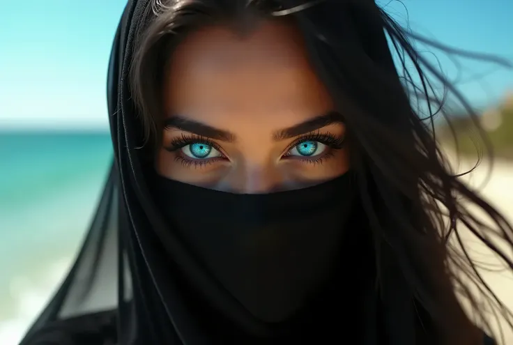  Face image of a beautiful and stunning Arab girl ,  she is wearing a black sweater , sensual neckline, Firm and beautiful breasts , detailed skin, odalisca sexy,  fluorescent blue eyes ,  has bright and strong blue light coming out of the eyes that illumi...