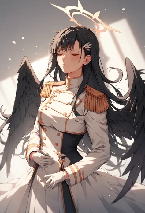 ichika , solo, ahog, white gloves, wings,low wings, halo, long sleeves, long hair, black hair, hair ornament, 1girl, closed eyes...