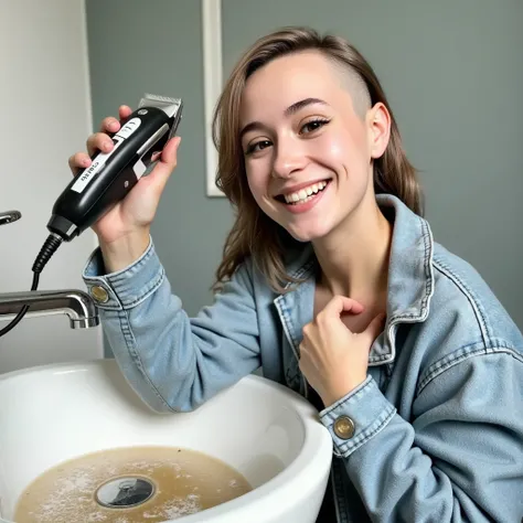 Real photograph of a (((curvy beautiful young mostly bald women some long hair)). (((she is using "Wahl" hair clippers which are currently on her head))) (shaving her long hair bald), (((she is intensely looking at the the viewer excited and smiling))). ((...