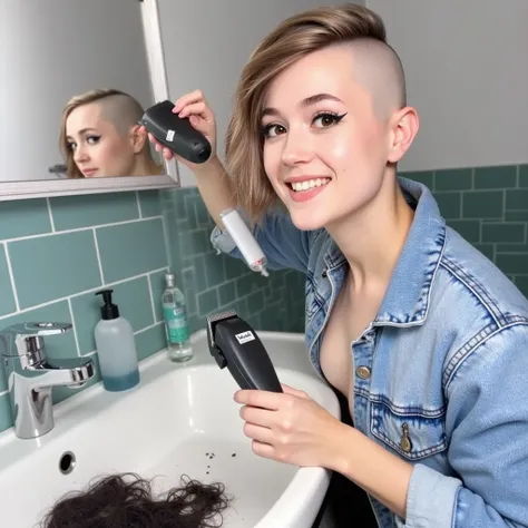 Real photograph of a (((curvy beautiful young mostly bald women some long hair)). (((she is using "Wahl" hair clippers which are currently on her head))) (shaving her long hair bald), (((she is intensely looking at the the viewer excited and smiling))). ((...