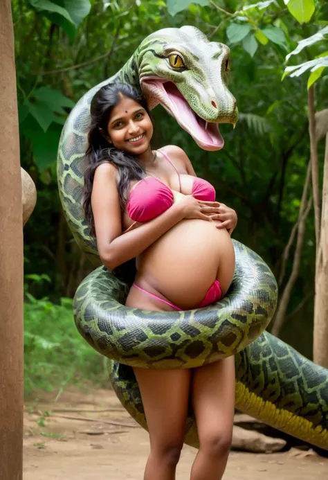 pregnant topless aroused  horny beautiful smiling happy very young indian teen village girl  wearing pink thong vs giant green c...