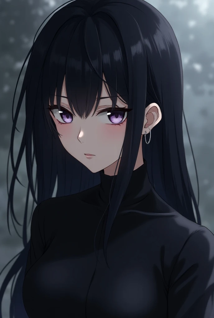 a character from anime,  preferably with the same design style as " jujutsu kaisen" 

feminine gender, Long dark hair, a fringe ,  thin light purple eyes , To look arrogant and lazy, powerful and fearless,  black clothes and a silver earring 