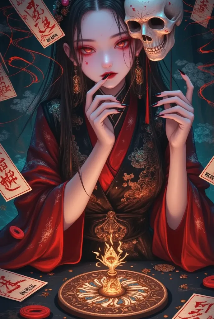 beautiful onmyoji  ，  half human half devil  ，strange smile  ，   strange chinese bride  ，chinese aesthetics ，  mask on her hand ...