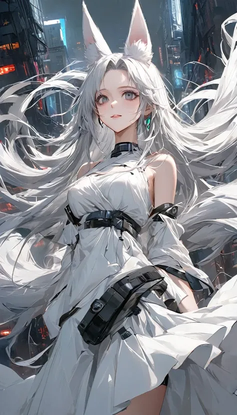 A sci-fi city spreads out behind it 。High image quality .(long fox ears )。(forehead)((alone))。Strong winds。((Grey Eyes,Vertical dark eyes ))。Droopy eyes。( white super long hair )。smile。(( girl))Earphones。 cyberpunk white sleeveless clothes. cyberpunk white...