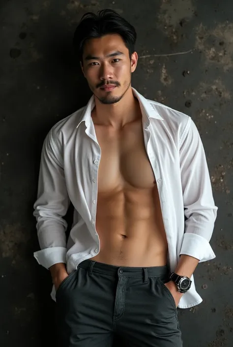 Asian man(korean,vietnamese,chinese,Japanese), 20 years old, Handsome and elegant,beardless, Wearing a  transparent shirt, sexy , Masculine and handsome，musculous，Muscles look good，hairy bodies, with fair skin,, Full body photo,(ultra-detailed, photorealis...