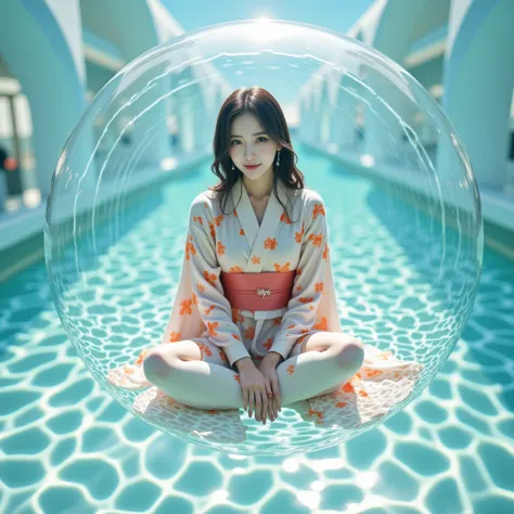 A asian woman wearing a yukata sitting cross-legged is inside a floating sphere. The yukata is Showa retro. The sphere is made of water. Delicate. Ultra-high performance. Abstract. Fantastic. Fisheye effect.