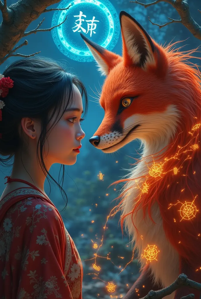 girl and beautiful fox demon，chinese horror，weird atmosphere， orange runes floating in the air ，  glowing blue symbol  ，