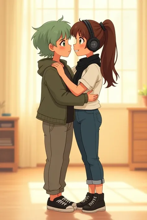 Make a cartoon style book cover about two girls kissing , A girl of 1, 55 muscular but not so much with green eyes and hair Tomboy with sweatpants and a jacket and a black sneaker, The other girl from 1 , 70 a pair of jeans white blouse with black scarf wi...