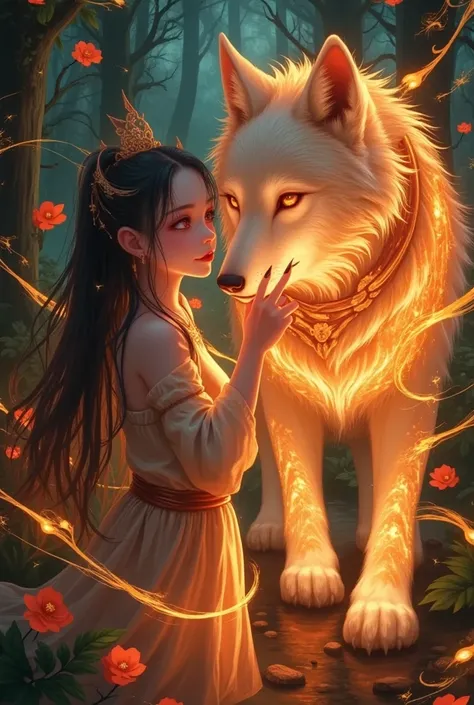 anime girl and a fire wolf in the forest, trending digital fantasy art, digital fantasy art ),  beautiful digital artwork , digi...