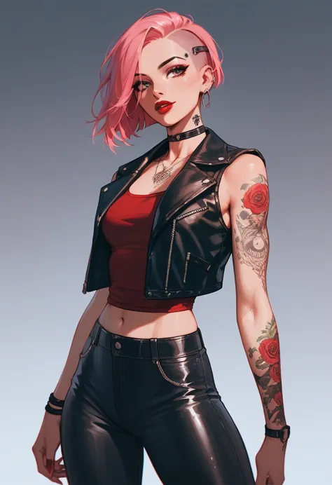  girl,leather vest ,Leather pants,Tattoo,Red lipstick,Side cut hair,Pink Hair