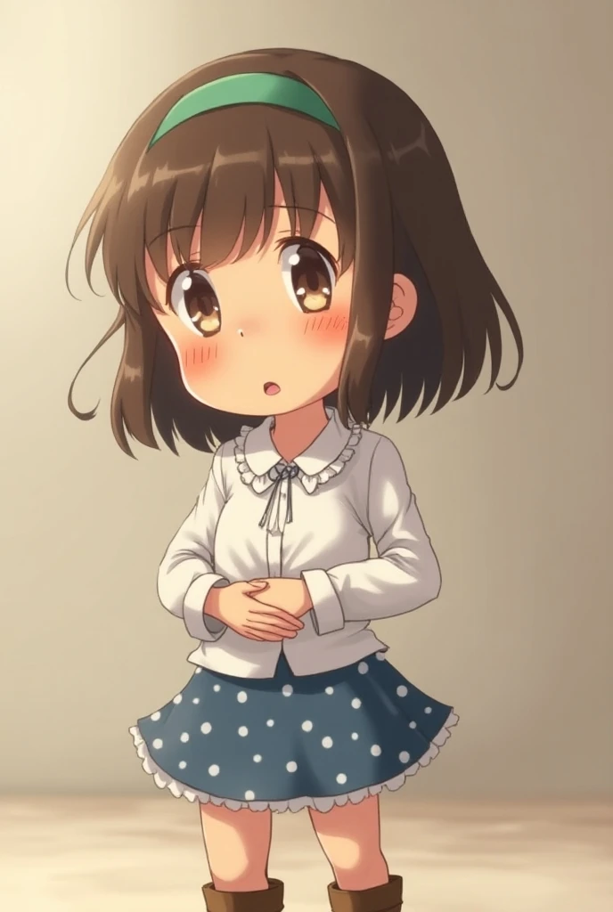 (( Best Quality )), ((masterpiece)), (  Details), ((  Best Quality  )), ((masterpiece)), (   Details),   Rubbing My Belly 女子小学生、     short stature     、 Brown Medium Long Hair (  With a Green Headband     )、   White Shirt with Ruffles  、  Blue Mini Ruffle ...