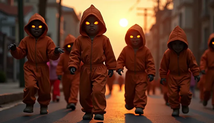 ET’s movie halloween scene.1980 Halloween. A street full of toddlers. They’re wearing  Halloween costumes.(they have glowing eyes and evil smiles:1.2) last rays of day light. Perfect hands.
