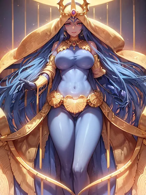 1 women queen blue shining outfit, crown on head, jewellery wearing gold,, hot figure, largest breasts, largest butts, long legs, long hair, beutiful smile, super detailed, best detailed, high resolution, highlights of women, accurate, automatic current, U...