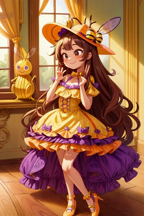 (masterpiece, best quality) standing, indoor, intricate detail, sunlight, yellow and purple frilly dress, purple and yellow shoes, (orange long hair), cute bee hat, brown dark eyes, smiley face, sexy pose, coquette, gorgeous legs, mature teenager body, lov...