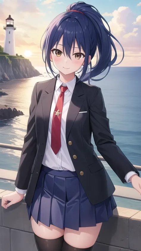 ((masterpiece)),(best quality),official art,extremely detailed CG,unity 8k wallpaper,ultra detailed,A lighthouse on a cliff by the sea,1girl,solo,cowboy shot,looking at viewer,takamiya mana,blue hair,blush,hair between eyes,high ponytail,very long hair,smi...