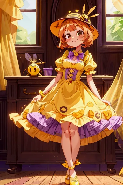 (masterpiece, best quality) standing, indoor, intricate detail, sunlight, yellow and purple frilly dress, purple and yellow shoes, orange hair, cute bee hat, brown dark eyes, smiley face, sexy pose, coquette, gorgeous legs, mature teenager body, lovely, go...