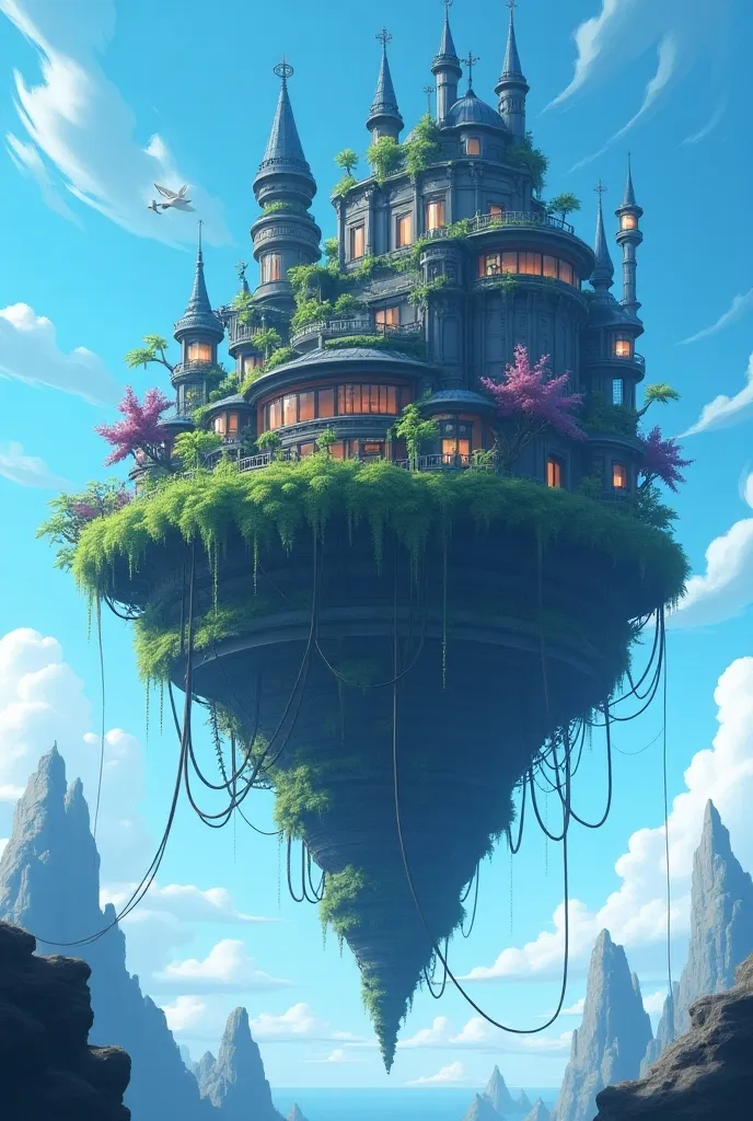 A spooky, futuristic floating island in the air, City,  fantasy, (The bad guy&#39;s hideout), (Cute), cute, cute,  anime style, technology, dark, interesting,  Magical Plant Growth , extreme details,  Realistic Light , Blue Sky, Epic Composition , ( Intricate Details), ( Intricate Designs ,  Ultra Details  : 1.2),  Art Station , (masterpiece, Best Quality), , 32k --v 6