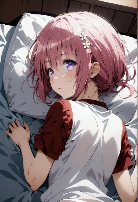   High image quality  、masterpiece、  high quality、Full HD、4K、Looking Back、Butt、Pink Hair 、 short bob、Purple Eyes、 Pink Panties 、Black Tail、 slender、Small flower hair ornament、red short sleeve gym clothes、 in a gym uniform、bed