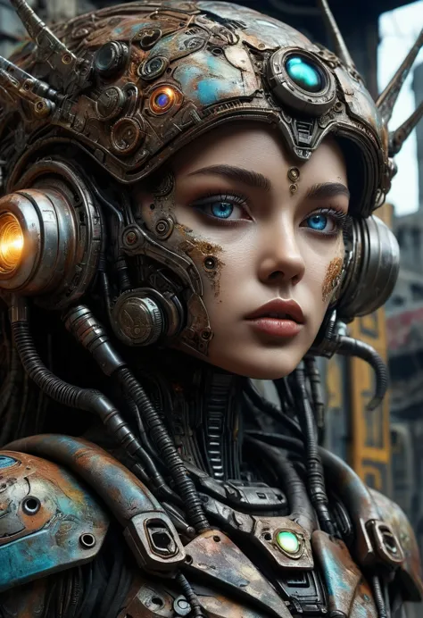 a highly detailed portrait of a technologically advanced ancient alien in a post-apocalyptic cityscape, beautiful detailed eyes,...