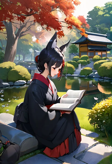 autumn、 girl、solo、japanese garden、i'm reading a 、 book on the garden side、