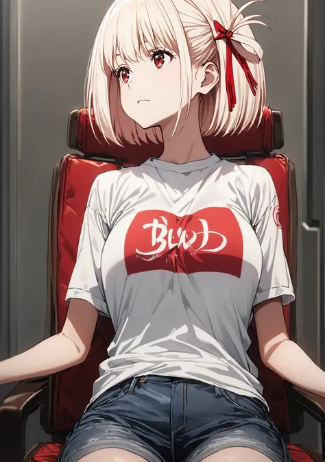 chisato nishikigi, short hair, bangs, blonde hair, red eyes, hair ribbon, one side up, bob cut, large breast, t-shirt, short sle...