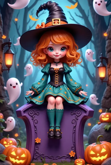 a cute girl with vibrant orange curly hair, dressed in a teal long-sleeve dress, black corset, and teal stockings. she sits on a purple tombstone, adorned with a black witchs hat, surrounded by halloween-themed decorations like ghosts, jack-o-lanterns, and...